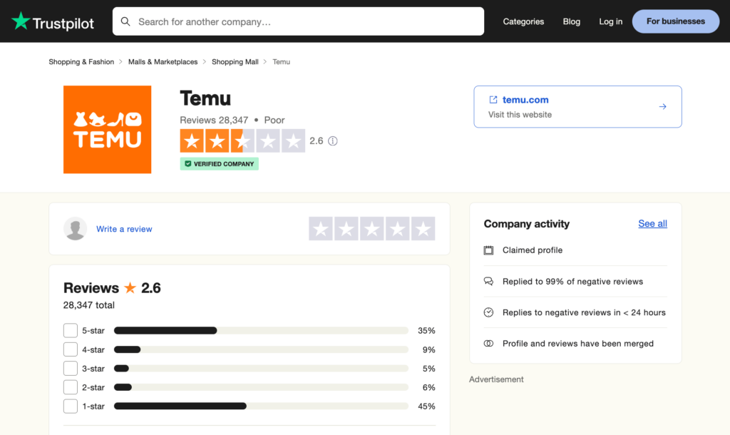 Temu on Trustpilot